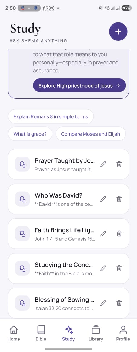 Shema Study screen with questions and saved Bible conversations