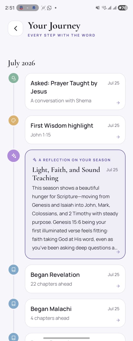Shema spiritual journey screen with reflections and Bible study progress