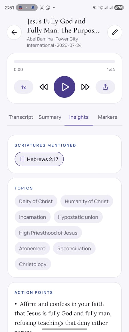 Shema sermon insights screen with Scripture, topics, and action points